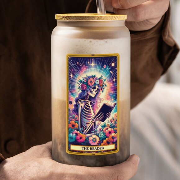 The Reader Tarot Card Tumbler, Gothic Floral Skeleton Cup, Cute Bookish Gift - Picture 2 of 6